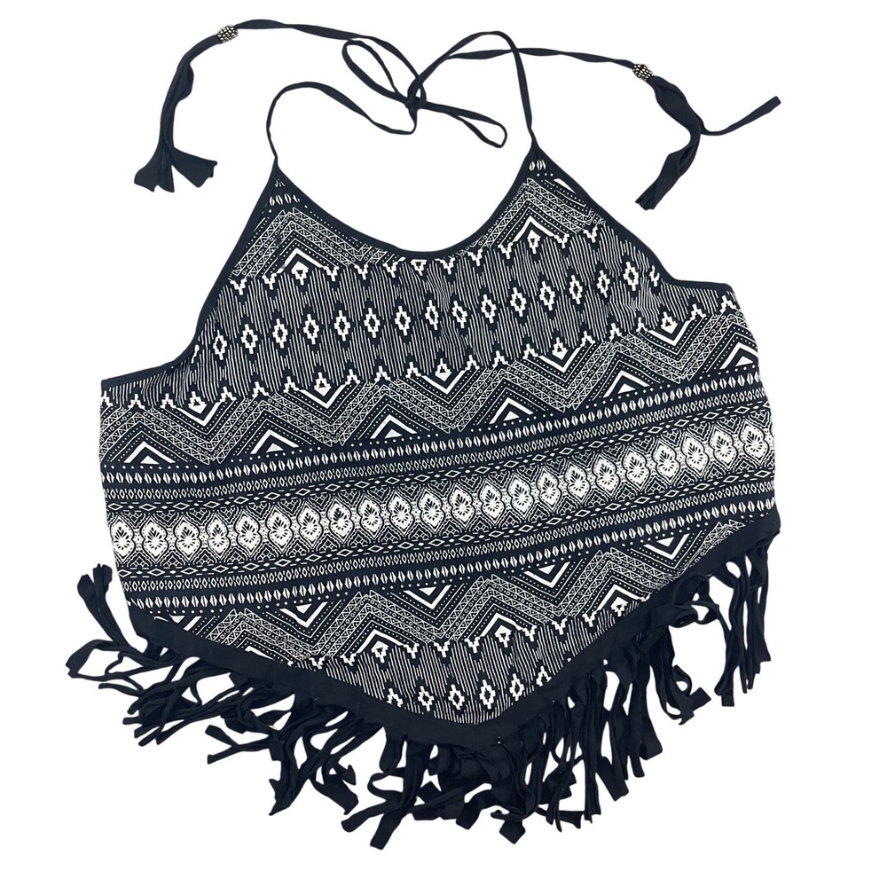 Earthbound Trading Co Halter Top Womens XL Black White Tribal Fringe Festival